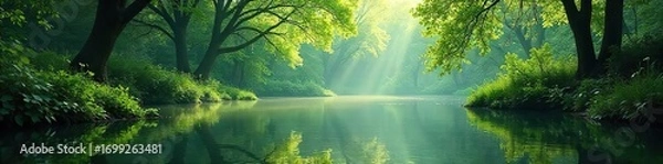 Fototapeta Serene Waterscape Sunlight Dapples Calm Pond with Lush Green Reflections, Tranquil Nature Scene Perfect for Relaxation
