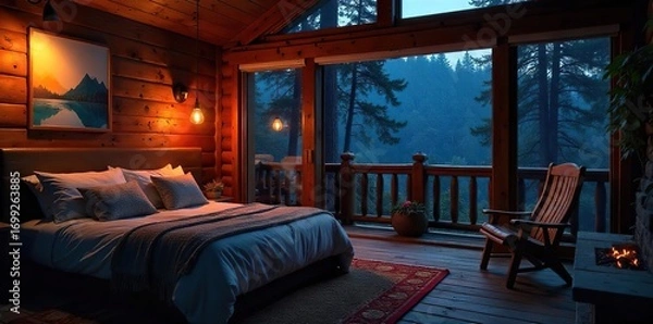 Fototapeta Serene Cabin Interior at Night Warm Lamplight and Fireplace Glow Create a Relaxing Atmosphere Perfect for Travel and Hospitality Websites, Ideal for Holiday and Winter Escapes