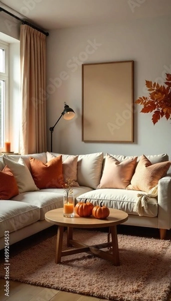 Fototapeta Cozy living room styled with autumnal decorations, featuring warm-toned textiles, pumpkins, and candles, creating a welcoming atmosphere perfect for fall , maple leaves, mantel, sofa