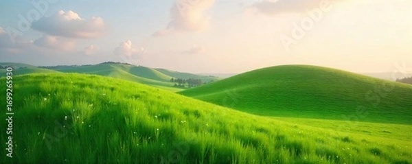 Fototapeta Serene landscape featuring a gently undulating hummock, perfect for relaxation and peaceful contemplation Soft light bathes the grassy knoll, evoking tranquility and calm , horizon, view