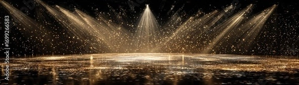 Fototapeta Golden confetti rain on festive stage with spotlight concept. A stunning light display illuminating a vibrant city skyline.