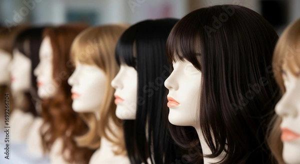 Fototapeta Mannequin heads in profile displaying various wigs