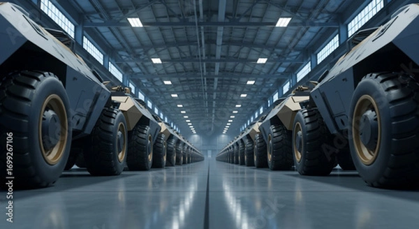 Fototapeta Industrial vehicles lined up in rows inside a large modern warehouse