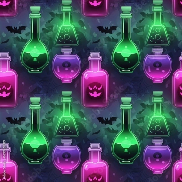Fototapeta Spooky Halloween Seamless Pattern Glowing Potion Bottles Bats Webs