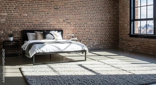 Fototapeta Sunlight streams through the window of a modern industrial loft bedroom, illuminating the bed and exposed brick wall