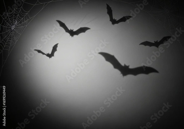 Fototapeta Spooky Halloween Background Bats in Flight Cobwebs Shadowy Night Scene