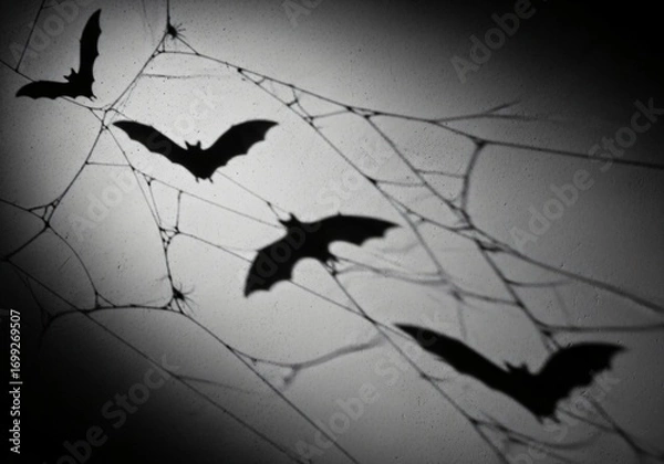 Fototapeta Spooky Halloween Shadows Bats Flying Through Cobweb on Wall