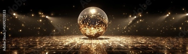 Fototapeta Groovy dance scene in vintage 70s disco background concept. A stunning golden orb surrounded by shimmering lights and sparkles.