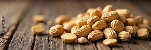 Fototapeta Close-up shot of shelled peanuts scattered on a rustic wooden surface, perfect for illustrating squirrel food or autumn themes ,  crunchy,  small food