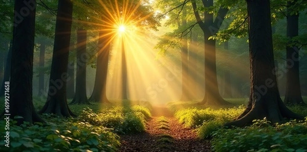 Fototapeta Golden sunbeams pierce through a dense forest canopy, illuminating the forest floor with dappled light A magical scene of nature's beauty , contrast, golden, vibrant