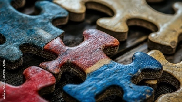 Obraz Colorful Puzzle Pieces Resting on a Weathered Wooden Surface
