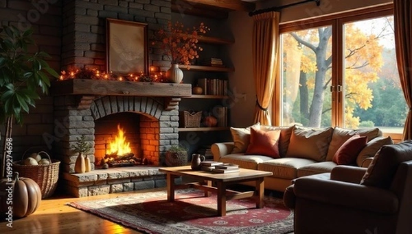 Fototapeta Cozy living room with a fireplace, warm lighting, and comfortable furniture, creating a relaxed and inviting atmosphere perfect for autumn or winter , home decor, sofa
