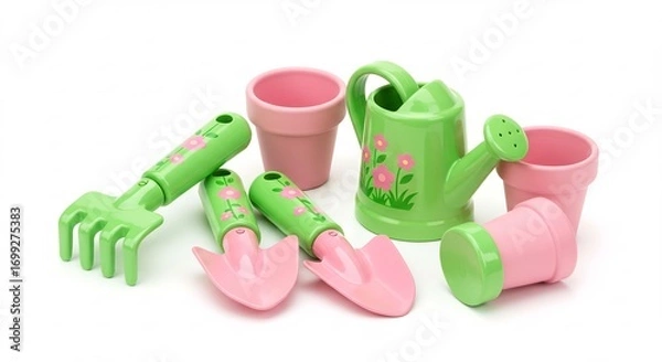 Fototapeta 緑ピンクのかわいい子供用ガーデニングセット 明るい光で輝くおもちゃ This translates roughly to: "Cute green and pink children's gardening set; toys shining in bright light". AI Generated