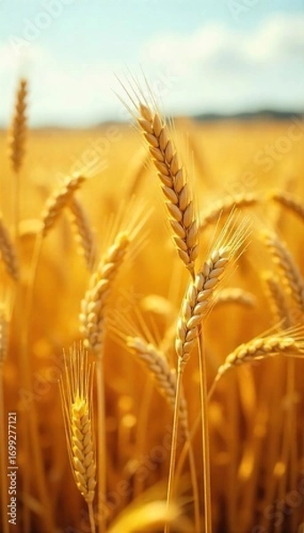 Fototapeta Golden wheat stalks bend low, scattered across a sun-drenched field, signifying the end of the harvest season A beautiful display of nature's bounty, ripe for the taking , land, golden, golden hour