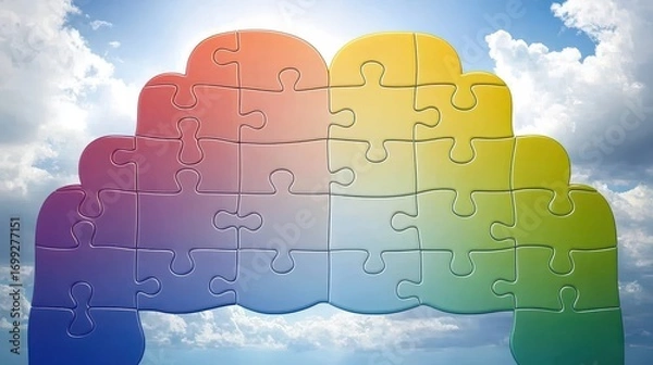 Obraz Colorful Puzzle Pieces Representing Unity and Connection in Sky