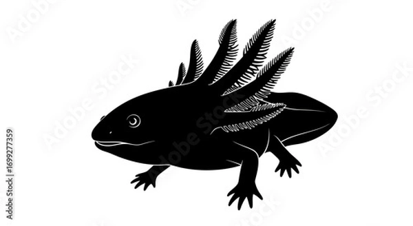 Fototapeta Black silhouette of an axolotl with feathery gills