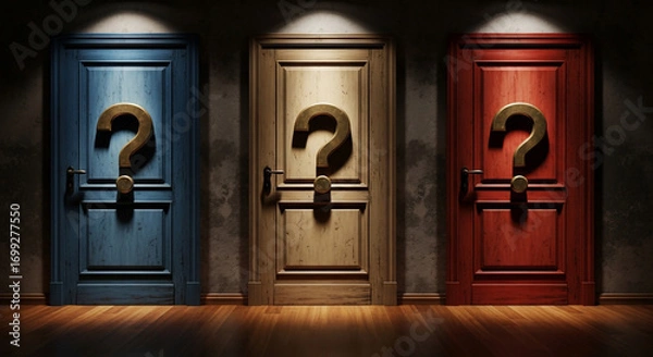 Fototapeta Three doors with question marks for choice and mystery