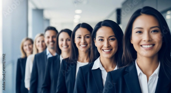 Fototapeta Smiling diverse business team standing in a row
