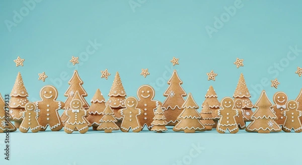 Fototapeta Festive gingerbread men and trees in a row on blue background