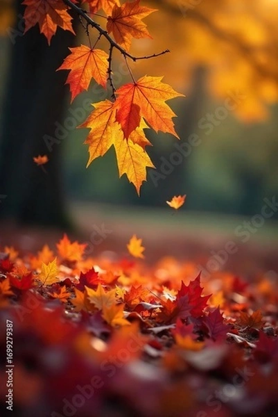 Fototapeta Golden leaves gently drift from a bare autumnal branch, falling onto a bed of vibrant crimson and russet foliage A peaceful scene of nature's seasonal transition , earth, red leaves