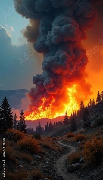 Fototapeta Fierce wildfire engulfs a dry landscape, creating a raging firestorm Smoke billows into the sky, trees burn fiercely, and the ground is consumed by flames , dry, sky, burning