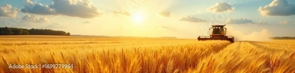 Fototapeta Golden wheat field under a summer sun, ready for harvest Combines in the distance, ripe stalks swaying gently in the breeze Abundant crop, agricultural scene , sun, summer
