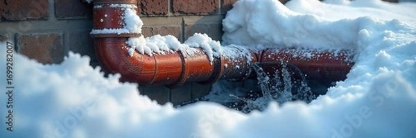 Fototapeta Frozen pipes bursting under a layer of snow and ice, revealing a damaged section and water leakage Winter plumbing disaster, urgent repair needed , utility, pipe wrap, winter damage