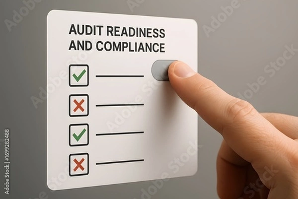 Fototapeta A hand switches a button to complete an audit readiness and compliance checklist.