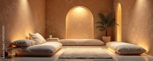 Fototapeta Serene relaxation seating area featuring plush cushions and soft lighting, perfect for unwinding and meditation Ideal for spa, wellness, and home decor , meditation, cushions