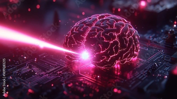 Fototapeta Digital Brain on Circuit Board with Pink Laser Beam