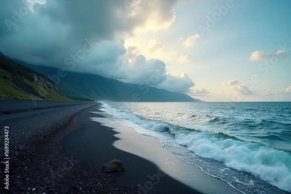 Fototapeta Dramatic coastal scene featuring low-lying clouds hugging the shoreline, creating a moody and atmospheric landscape Perfect for travel, nature, and weather-related projects , white, atmospheric