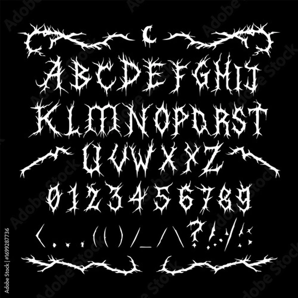 Obraz A gothic thorn-style font set featuring uppercase letters, numbers, and symbols. The sharp, spiky design creates a dark and edgy aesthetic.