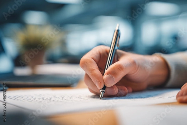 Obraz Close-up hand holding pen writing on paper, business office environment
