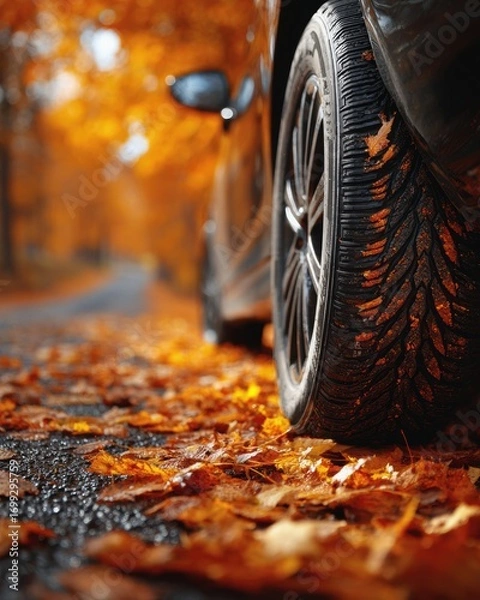 Obraz Clean Drive During Fall Commute, detailed close-up of vehicle tire on scenic forest road covered with autumn leaves, showcasing clean forward motion, traction awareness, and seasonal eco commute