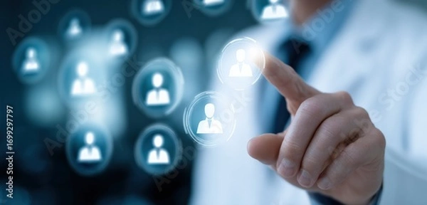 Fototapeta Doctor pointing finger to select person icon in virtual touchscreen interface, concept of human resources, technology, communication, social media, business and medicine