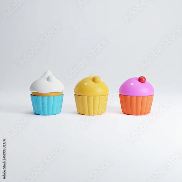 Fototapeta Three colorful cupcakes with frosting and toppings blue yellow