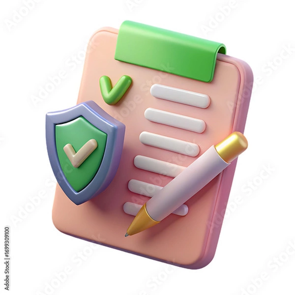 Fototapeta 3d isometric concept of security protection and agreement approval with clipboard and shield icon transparent background