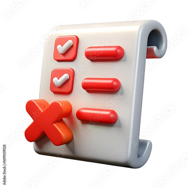 Fototapeta 3d rendered checklist icon with checkmarks and red cross symbol for tasks and to-do lists transparent background
