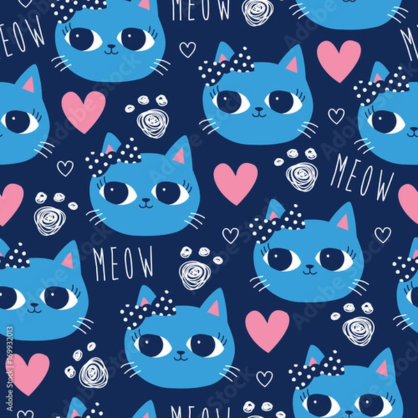 Obraz seamless cat with dark blue pattern vector illustration