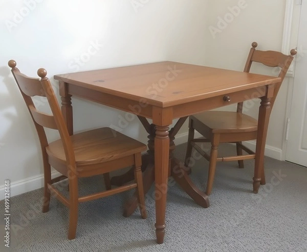 Fototapeta Rustic wooden dining set for cozy meals, showcasing traditional design and inviting warmth for family gatherings