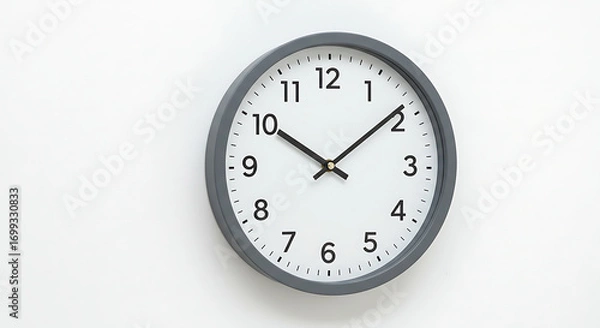 Fototapeta Classic Gray Wall Clock Displaying Ten Minutes After Ten, Accurate Timekeeping with White Background, Studio Shot