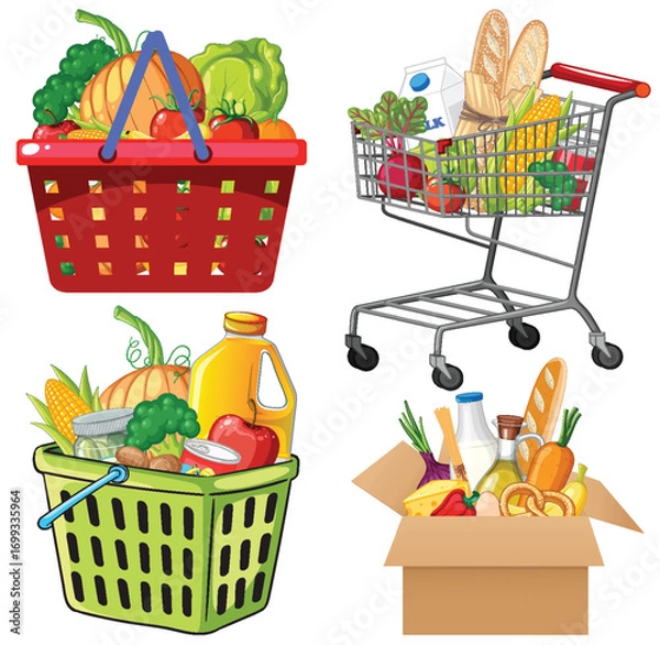 Fototapeta Grocery Baskets, Shopping Cart, and Food Delivery Box