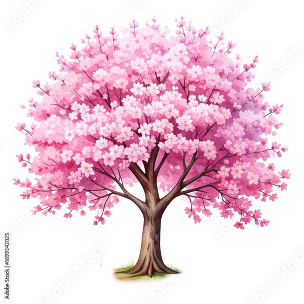 Obraz Blossoming Cherry Tree Isolated On White Background: An enchanting cherry tree in full bloom, its branches adorned with delicate pink blossoms, a symbol of spring and renewal.