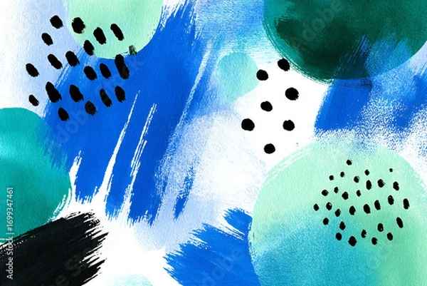 Obraz 抽象的な水彩画、青と緑の有機的な形と点の背景