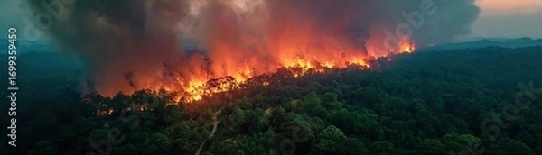 Fototapeta Aerial view of massive wildfire with smoke concept. Intense forest fire engulfing lush green trees and landscape.