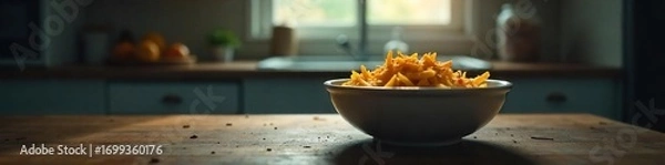 Fototapeta Empty bowl, untouched food, gloomy light, messy kitchen, reflecting feelings of hopelessness and lack of appetite associated with depression , wellbeing, health, unappetizing