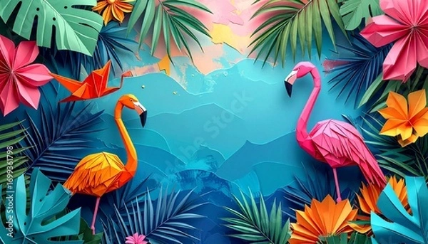 Fototapeta Origami tropical flamingo summer background