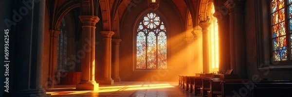 Fototapeta Serene light streams through a beautiful arched stained-glass window, illuminating a tranquil interior space  Perfect for themes of faith, spirituality, architecture, and light ,  chapel,  vibrant