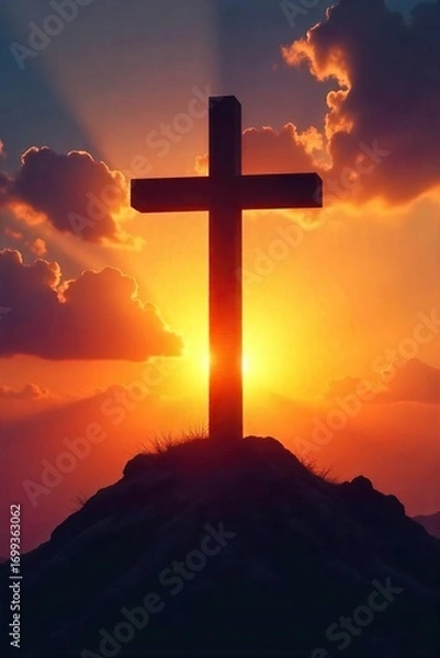 Fototapeta Silhouette of a cross at sunrise, symbolizing hope, redemption, and new beginnings in faith A powerful image of spiritual awakening and the promise of eternal life , jesus, gospel, redemption
