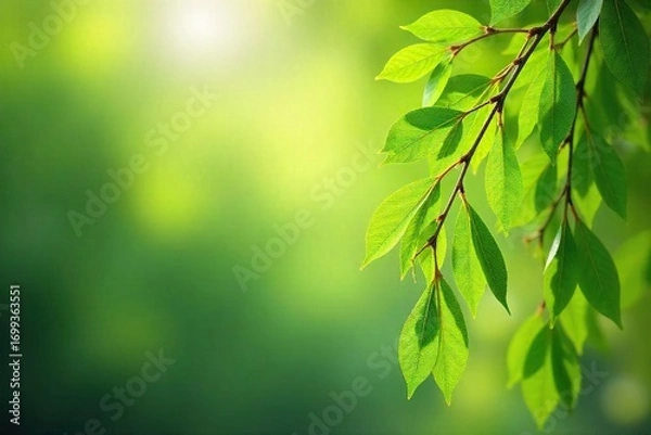 Fototapeta Delicate willow branches adorned with fresh, vibrant green spring leaves sway gently in a soft breeze, sunlight filtering through the foliage A tranquil springtime scene , landscape, springtime